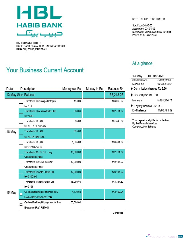 Download HBL Bank firm account statement Word and PDF template Photoshop template